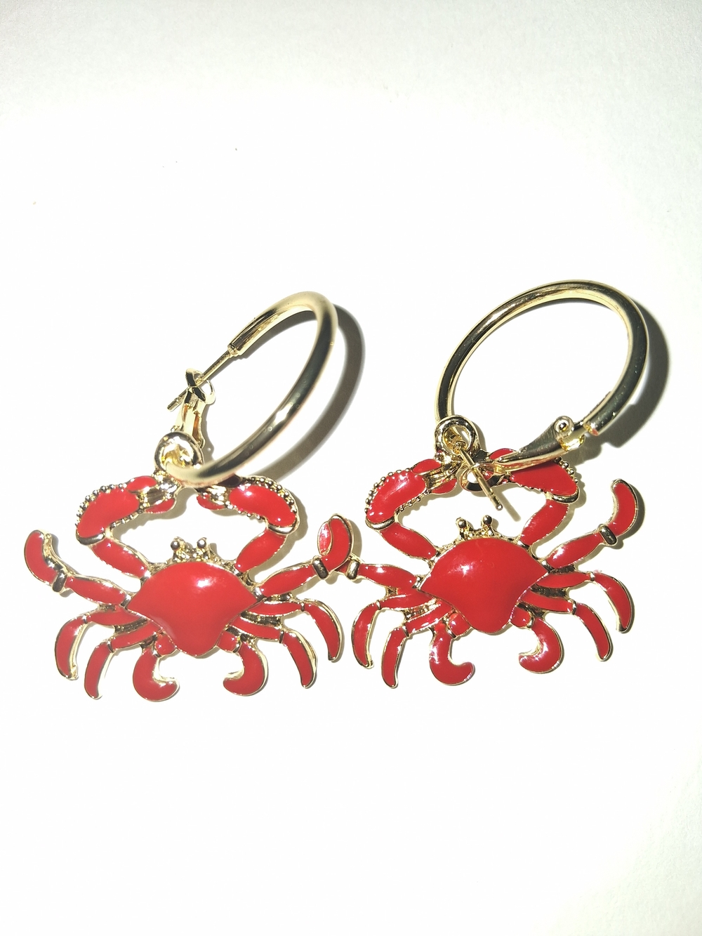 Gold Hoop Earrings with Red Crab Charms
